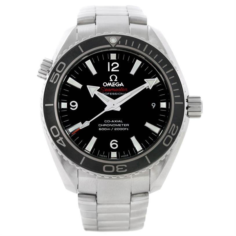 The Omega Planet Ocean 232.30.42.21.01.003 Men's Stainless Steel Black Dial 232.30.42.21.01.003 Men's Stainless Steel Black Dial watch is shown from the front, displaying its face, bezel, crown, and metal bracelet.