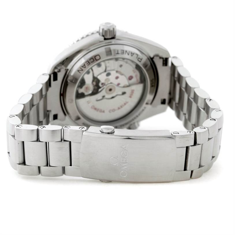 The image shows the back of the Omega Planet Ocean 232.30.42.21.01.003 Men's Stainless Steel Black Dial 232.30.42.21.01.003 Men's Stainless Steel Black Dial watch, including its bracelet clasp and the transparent case back.