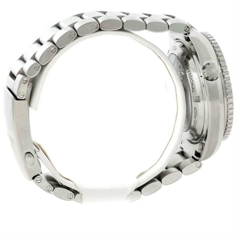 The image shows the side profile and back casing of the Omega Planet Ocean 232.30.42.21.01.003 Men's Stainless Steel Black Dial 232.30.42.21.01.003 Men's Stainless Steel Black Dial watch, detailing the bracelet and crown.