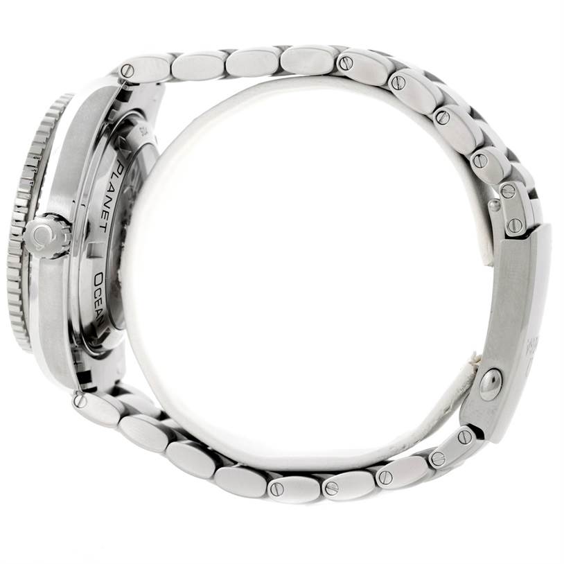 This side view of the Omega Planet Ocean 232.30.42.21.01.003 Men's Stainless Steel Black Dial 232.30.42.21.01.003 Men's Stainless Steel Black Dial watch shows the case, crown, and metal bracelet.