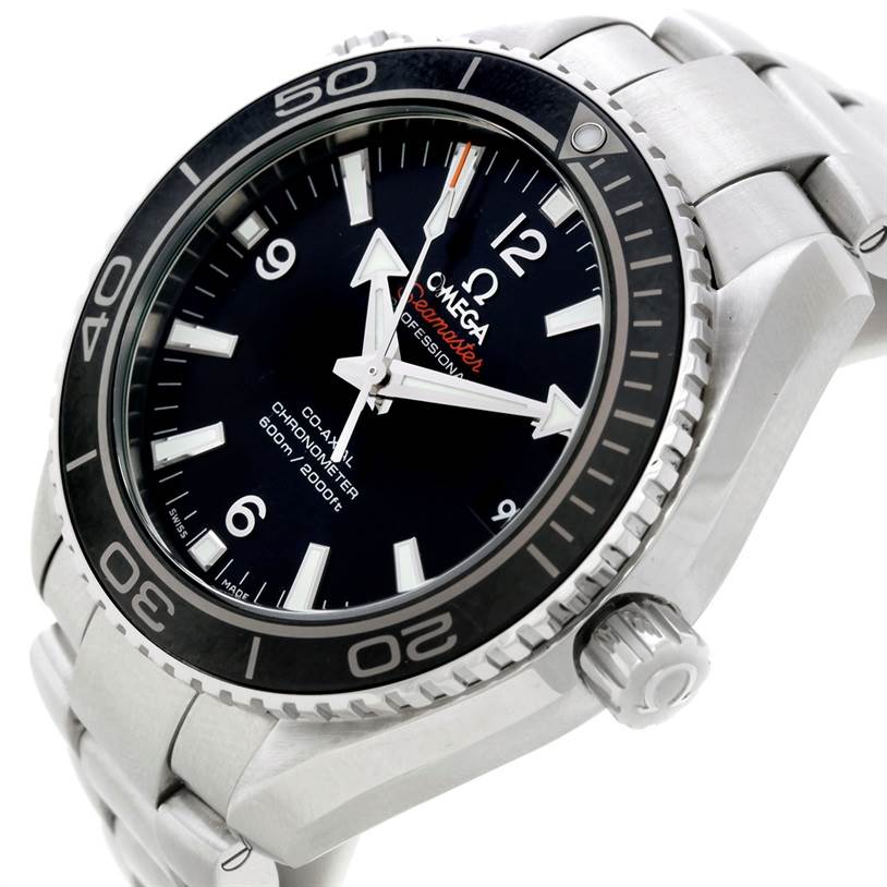 The image shows an angled view of the Omega Planet Ocean 232.30.42.21.01.003 Men's Stainless Steel Black Dial 232.30.42.21.01.003 Men's Stainless Steel Black Dial watch, highlighting its bezel, dial, and part of the bracelet.