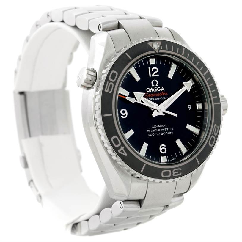 The image shows an Omega Planet Ocean 232.30.42.21.01.003 Men's Stainless Steel Black Dial 232.30.42.21.01.003 Men's Stainless Steel Black Dial watch at a slight left-side angle, highlighting its dial, bezel, crown, and bracelet.