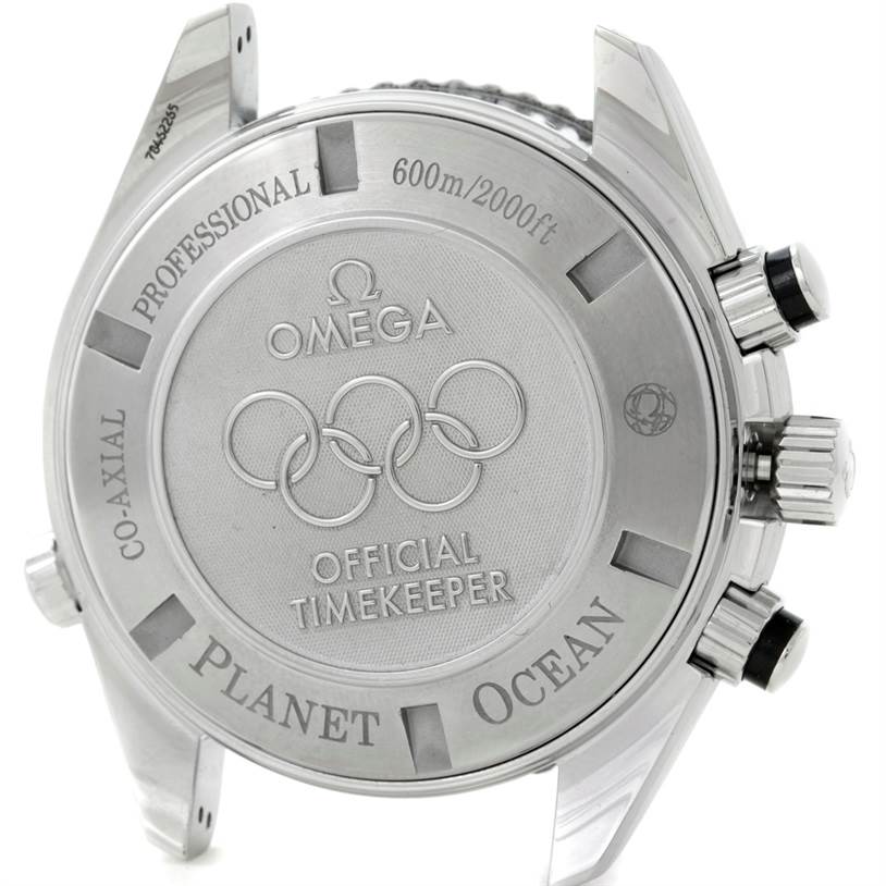 The image shows the case back and side view of the Omega Planet Ocean 222.32.46.50.01.001 Men
s Stainless Steel Black Dial 222.32.46.50.01.001 Men
s Stainless Steel Black Dial watch, highlighting the branding and depth rating.