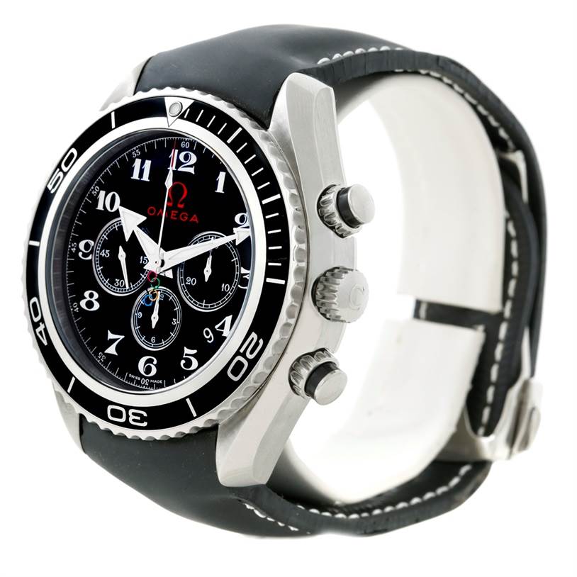 The Omega Planet Ocean 222.32.46.50.01.001 Men
s Stainless Steel Black Dial 222.32.46.50.01.001 Men
s Stainless Steel Black Dial watch is shown at a three-quarter angle, highlighting the face, bezel, crown, and push buttons.