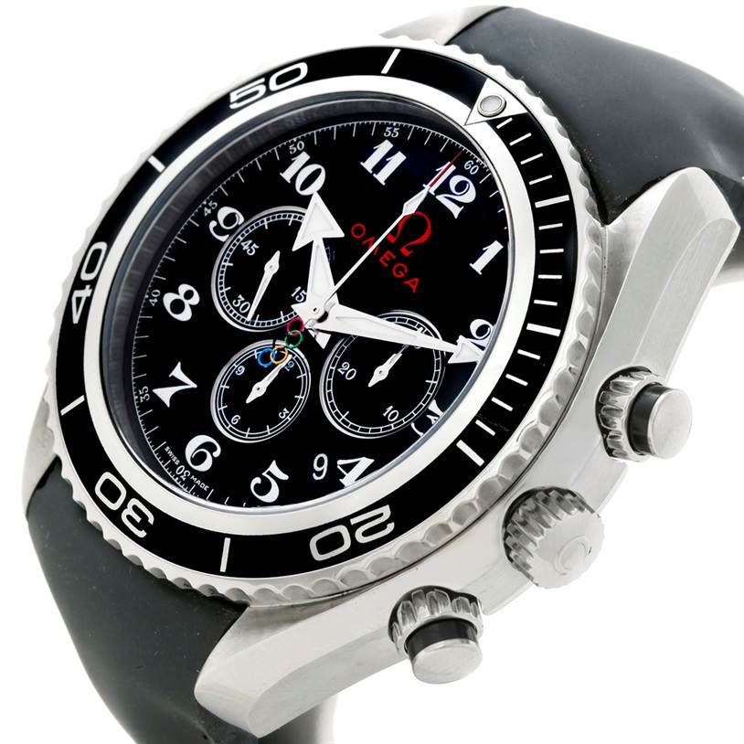 The image shows a close-up angle of the Omega Planet Ocean 222.32.46.50.01.001 Men
s Stainless Steel Black Dial 222.32.46.50.01.001 Men
s Stainless Steel Black Dial watch, highlighting its bezel, crown, and dial.