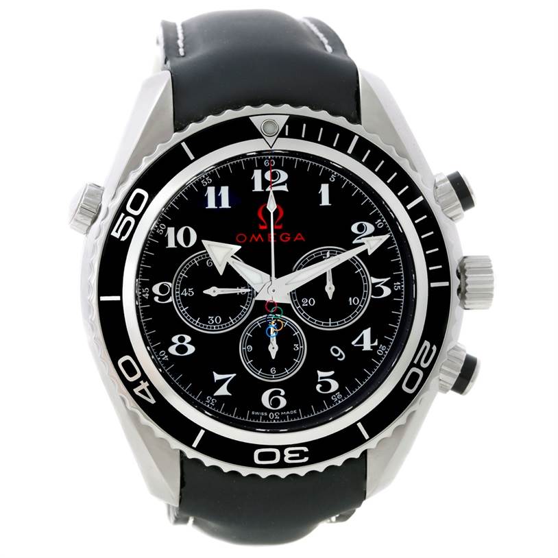 The Omega Planet Ocean 222.32.46.50.01.001 Men
s Stainless Steel Black Dial 222.32.46.50.01.001 Men
s Stainless Steel Black Dial watch is shown from a front angle, highlighting the face, bezel, and chronograph dials.