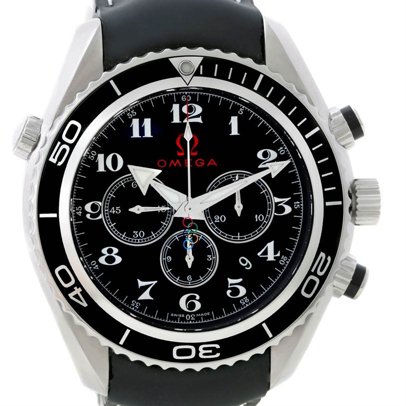 The Omega Planet Ocean 222.32.46.50.01.001 Men
s Stainless Steel Black Dial 222.32.46.50.01.001 Men
s Stainless Steel Black Dial watch is shown from the front, highlighting its black dial, chronograph subdials, and bezel.