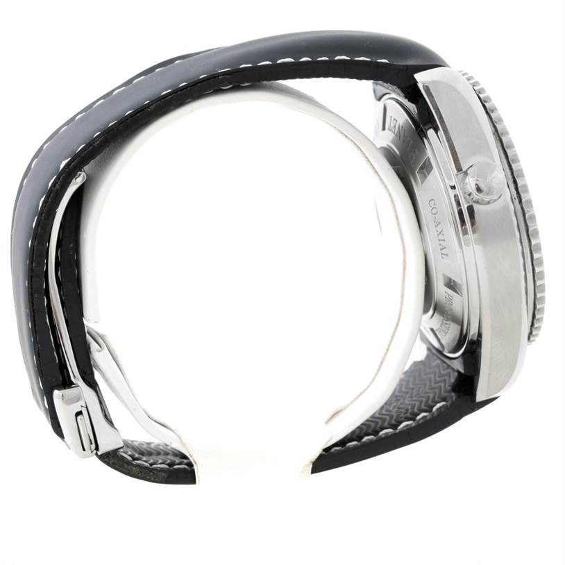 This side angle shows the Omega Planet Ocean 222.32.46.50.01.001 Men
s Stainless Steel Black Dial 222.32.46.50.01.001 Men
s Stainless Steel Black Dial watch
s case back, crown, and part of the strap.