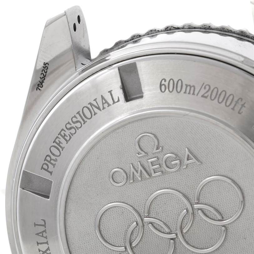 The image shows the back case of an Omega Planet Ocean 222.32.46.50.01.001 Men
s Stainless Steel Black Dial 222.32.46.50.01.001 Men
s Stainless Steel Black Dial watch, highlighting the branding and water resistance details.