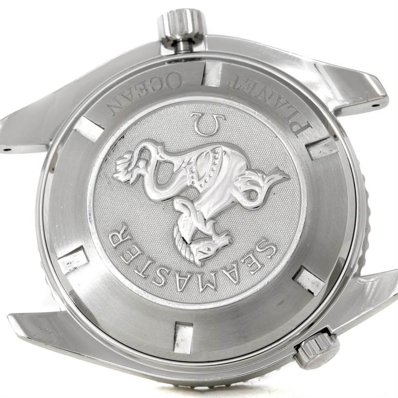 The image shows the back case of the Omega Planet Ocean 2200.50.00 Men's Stainless Steel Black Dial 2200.50.00 Men's Stainless Steel Black Dial watch, featuring the Seamaster emblem and screw-down crown.