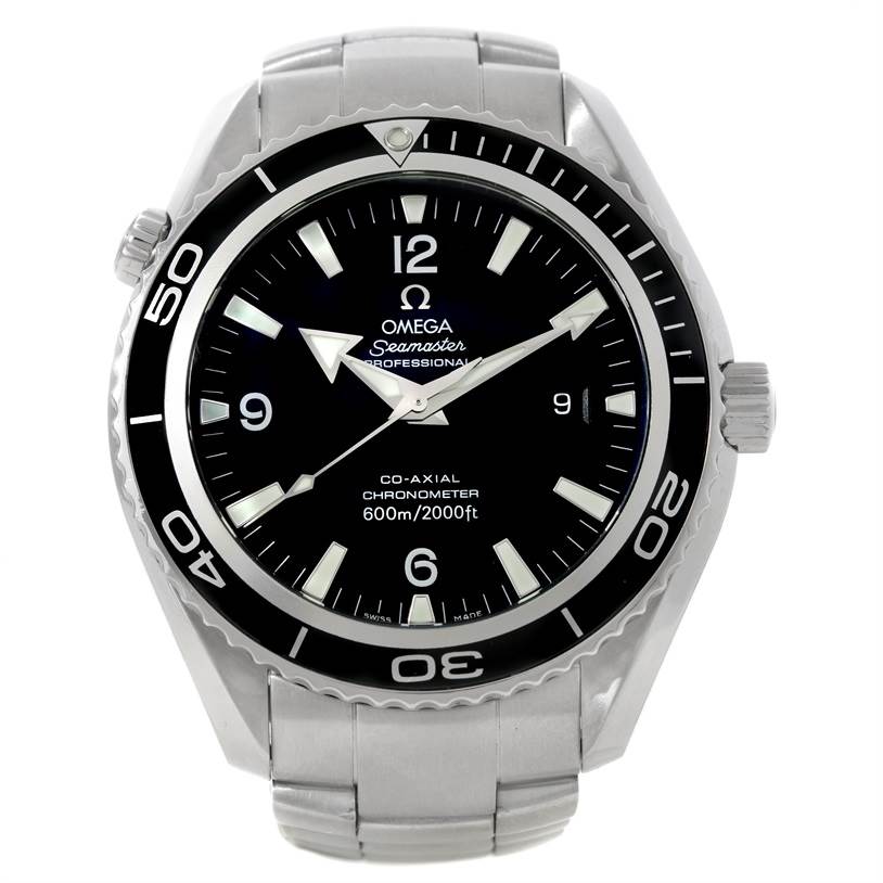 The image shows a front view of the Omega Planet Ocean 2200.50.00 Men's Stainless Steel Black Dial 2200.50.00 Men's Stainless Steel Black Dial watch, displaying its face, bezel, and bracelet.