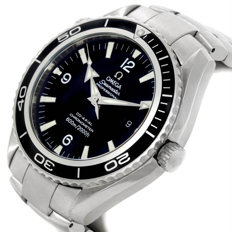 The Omega Planet Ocean 2200.50.00 Men's Stainless Steel Black Dial 2200.50.00 Men's Stainless Steel Black Dial watch is shown from a slight angle, displaying its face, bezel, and bracelet clearly.