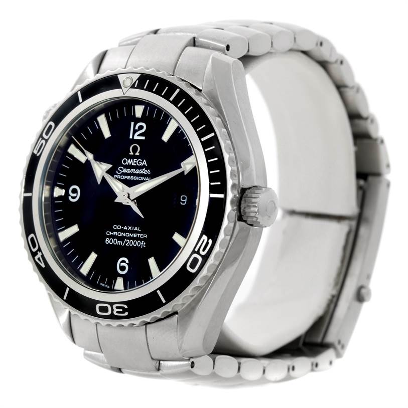 The Omega Planet Ocean 2200.50.00 Men's Stainless Steel Black Dial 2200.50.00 Men's Stainless Steel Black Dial watch is shown at a three-quarter angle, highlighting the face, bezel, case, crown, and bracelet.
