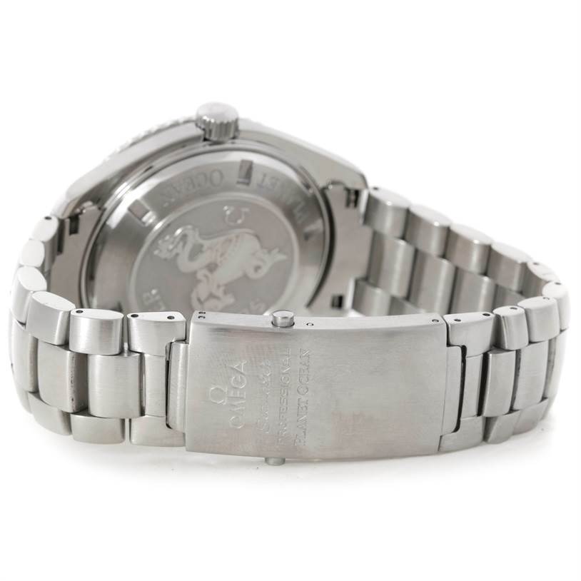 This image shows the back case and clasp of an Omega Planet Ocean 2200.50.00 Men's Stainless Steel Black Dial 2200.50.00 Men's Stainless Steel Black Dial watch at an angle highlighting the bracelet and clasp mechanism.