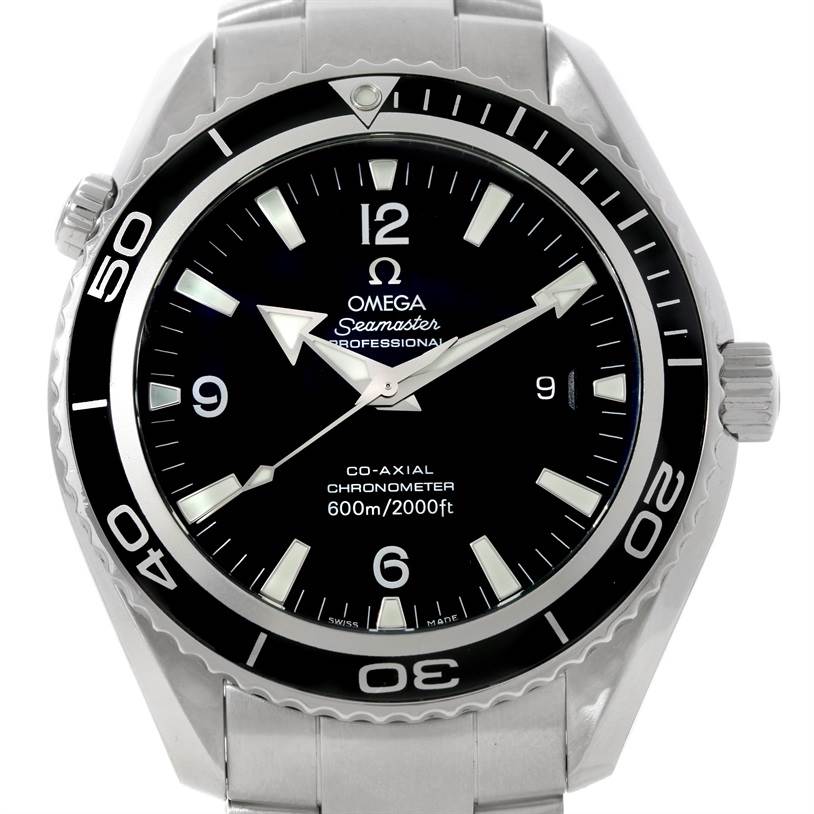 This image shows a front view of the Omega Planet Ocean 2200.50.00 Men's Stainless Steel Black Dial 2200.50.00 Men's Stainless Steel Black Dial model watch, highlighting the dial, bezel, and part of the bracelet.