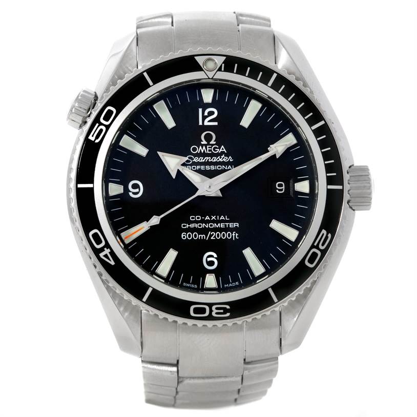 The Omega Planet Ocean 2201.50.00 Men
s Stainless Steel Black Dial 2201.50.00 Men
s Stainless Steel Black Dial watch is shown from the front, displaying its face, bezel, and part of the bracelet.