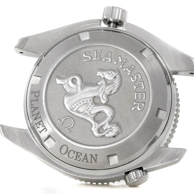 The image shows the case back of an Omega Planet Ocean 2201.50.00 Men
s Stainless Steel Black Dial 2201.50.00 Men
s Stainless Steel Black Dial watch, highlighting the Seamaster engraving.