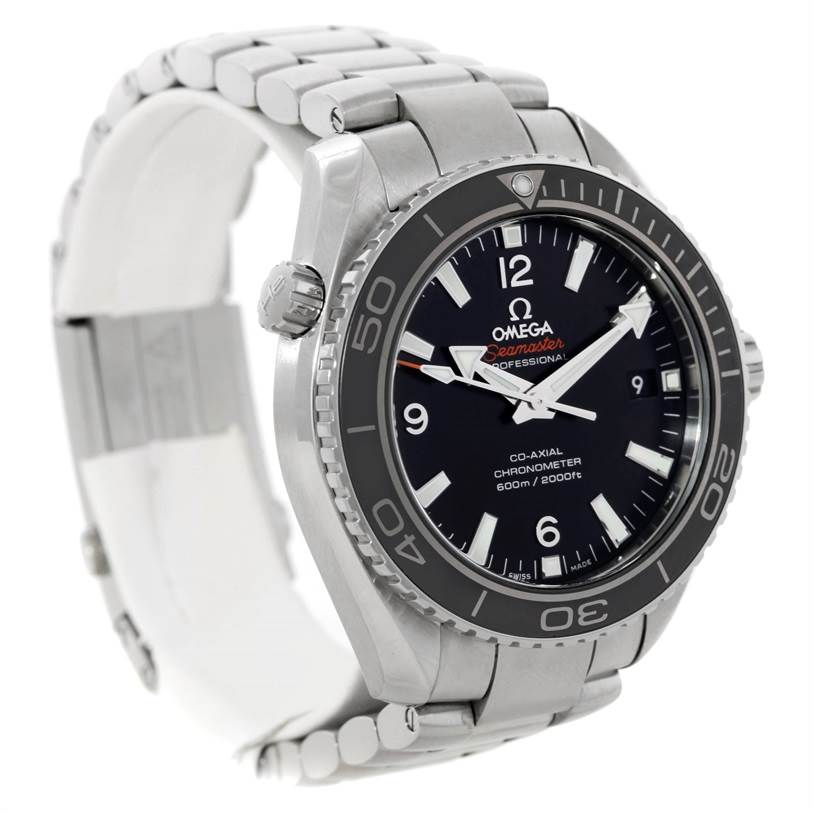 The image shows an Omega Planet Ocean 232.30.42.21.01.003 Men
s Stainless Steel Black Dial 232.30.42.21.01.003 Men
s Stainless Steel Black Dial watch at a three-quarters angle, displaying the dial, bezel, crown, and bracelet.