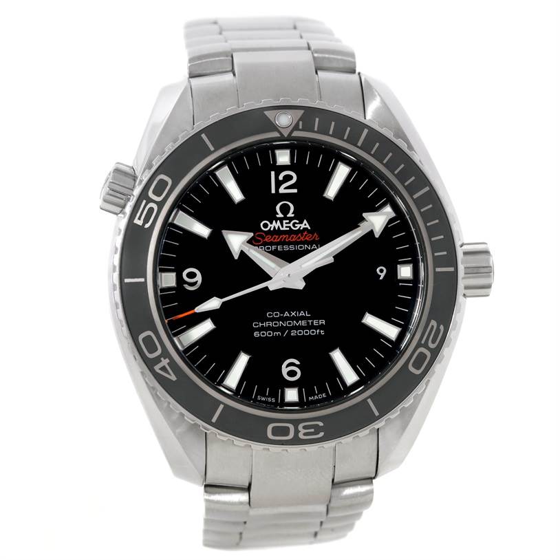 The Omega Planet Ocean 232.30.42.21.01.003 Men
s Stainless Steel Black Dial 232.30.42.21.01.003 Men
s Stainless Steel Black Dial watch is shown from the front angle, displaying the dial, bezel, and stainless steel bracelet.