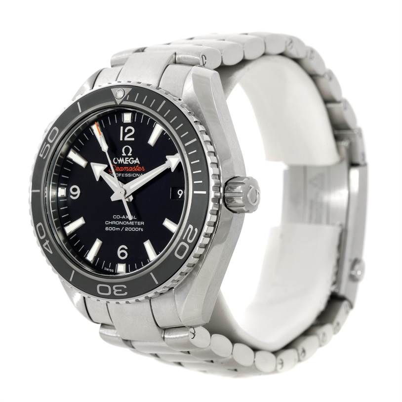 This image shows an Omega Planet Ocean 232.30.42.21.01.003 Men
s Stainless Steel Black Dial 232.30.42.21.01.003 Men
s Stainless Steel Black Dial watch from an angled side view highlighting the dial, bezel, crown, and part of the bracelet.