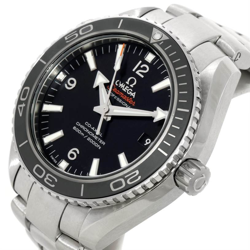 The image shows an angled view of an Omega Planet Ocean 232.30.42.21.01.003 Men
s Stainless Steel Black Dial 232.30.42.21.01.003 Men
s Stainless Steel Black Dial watch, featuring its dial, bezel, and stainless steel bracelet.