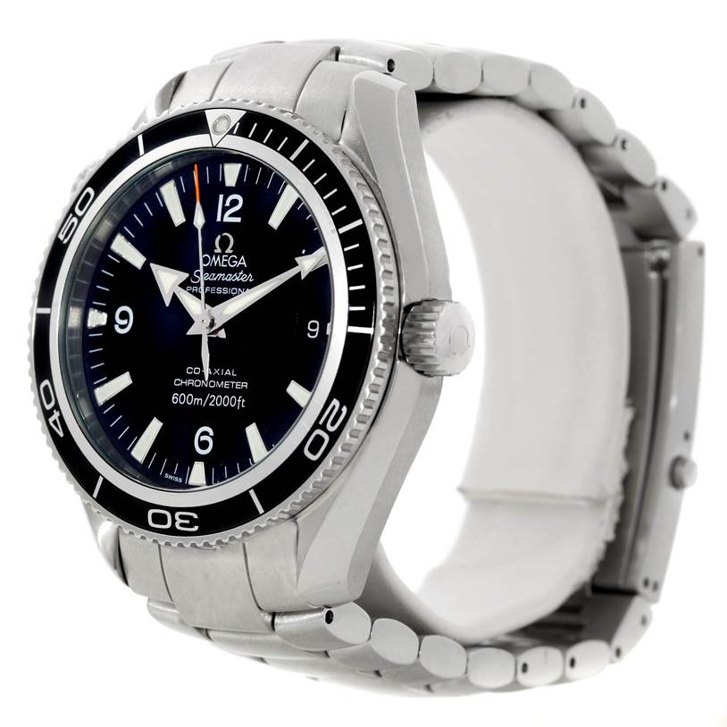 The Omega Planet Ocean 2201.50.00 Men
s Stainless Steel Black Dial 2201.50.00 Men
s Stainless Steel Black Dial watch is shown at a three-quarter angle, displaying the face, bezel, and part of the metal bracelet.