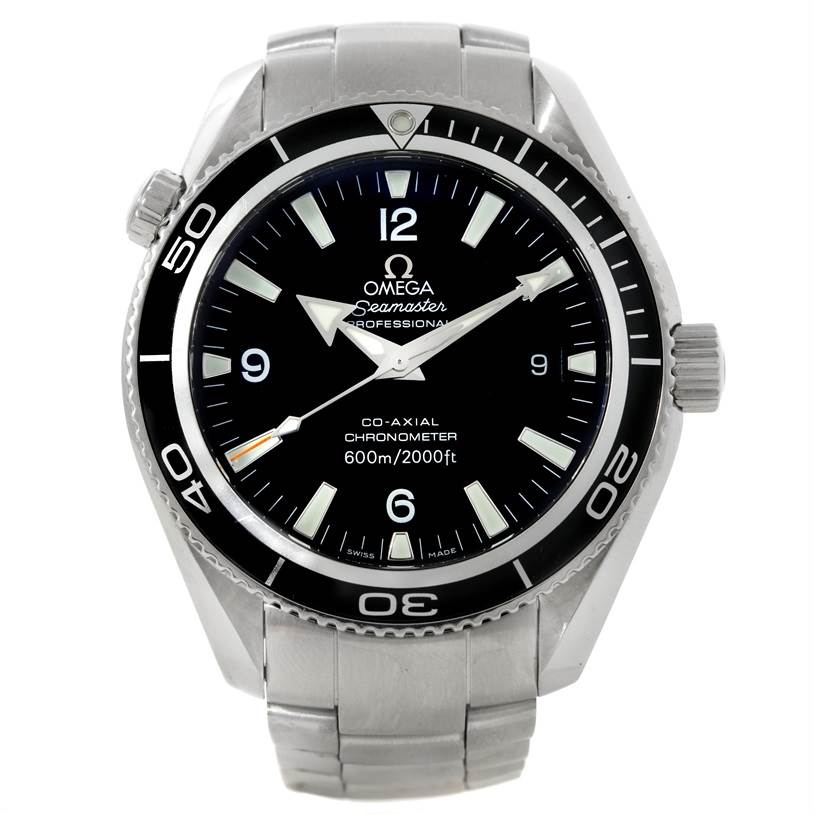 The image shows a front view of the Omega Planet Ocean 2201.50.00 Men
s Stainless Steel Black Dial 2201.50.00 Men
s Stainless Steel Black Dial model watch, featuring its face, bezel, crown, and part of its bracelet.