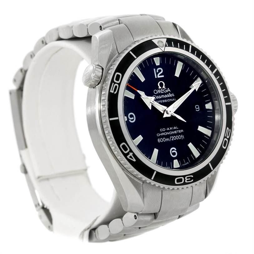 The Omega Planet Ocean 2201.50.00 Men
s Stainless Steel Black Dial 2201.50.00 Men
s Stainless Steel Black Dial watch is shown at a three-quarters angle, detailing the face, bezel, crown, and bracelet.