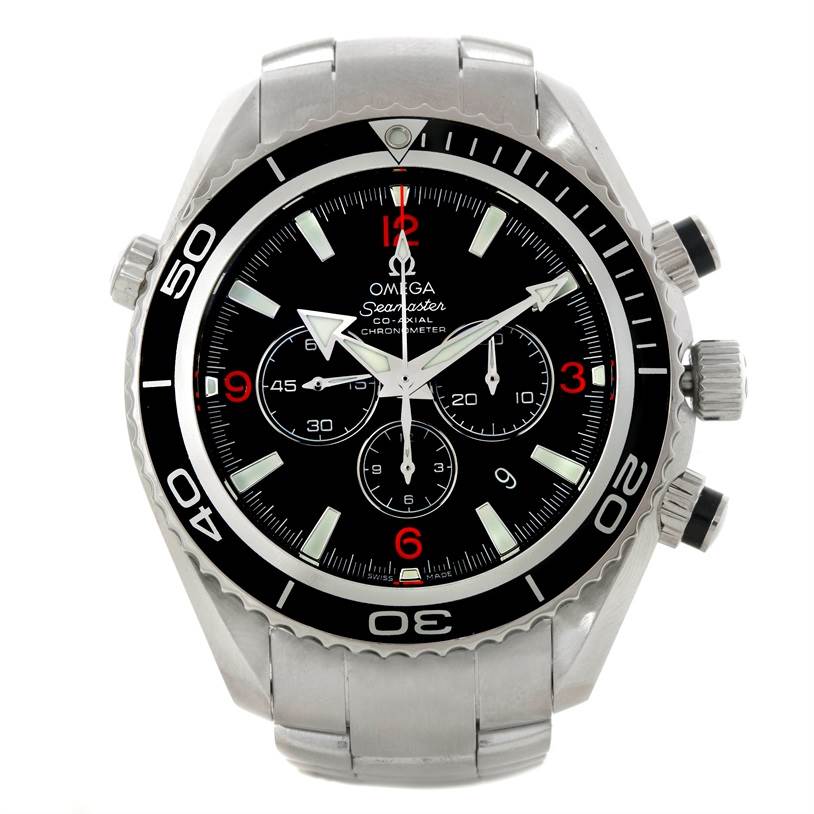 This image shows the front view of the Omega Planet Ocean 2210.51.00 Men's Stainless Steel Black Dial 2210.51.00 Men's Stainless Steel Black Dial model watch, highlighting its bezel, dial, and chronograph subdials.