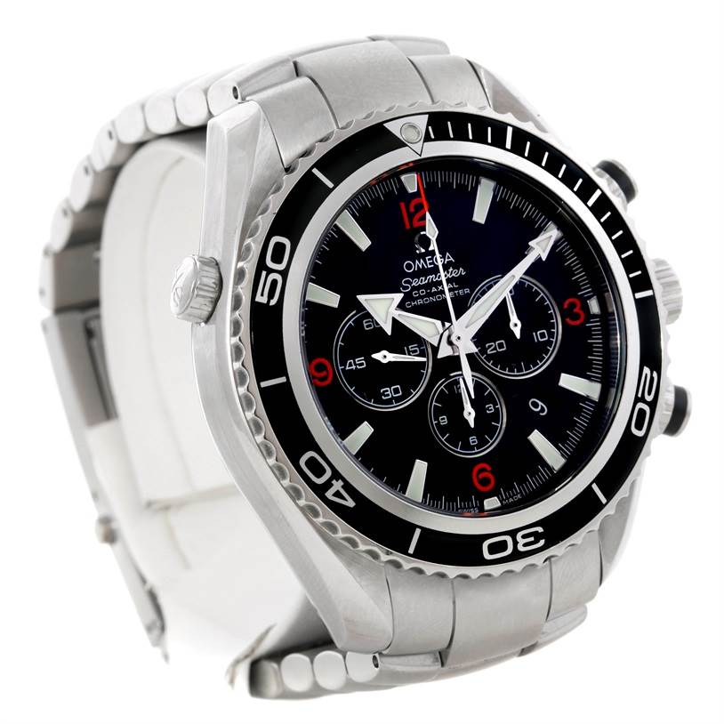 The image shows an Omega Planet Ocean 2210.51.00 Men's Stainless Steel Black Dial 2210.51.00 Men's Stainless Steel Black Dial watch at a three-quarter angle, highlighting the face, bezel, and stainless steel bracelet.