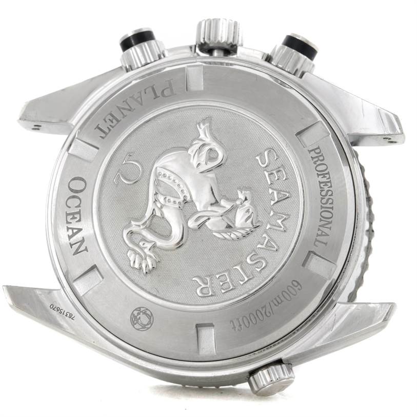 The image shows the case back of the Omega Planet Ocean 2210.51.00 Men's Stainless Steel Black Dial 2210.51.00 Men's Stainless Steel Black Dial Seamaster Professional watch with its lugs and crown visible.