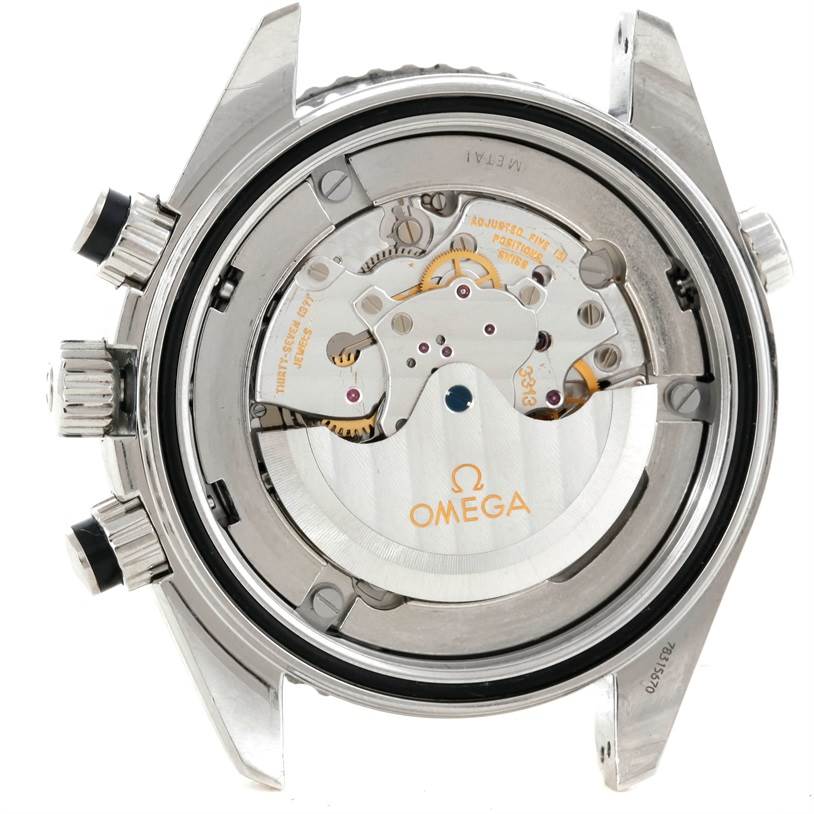 The image shows the back view of the Omega Planet Ocean 2210.51.00 Men's Stainless Steel Black Dial 2210.51.00 Men's Stainless Steel Black Dial watch, highlighting its internal mechanical components and movement.