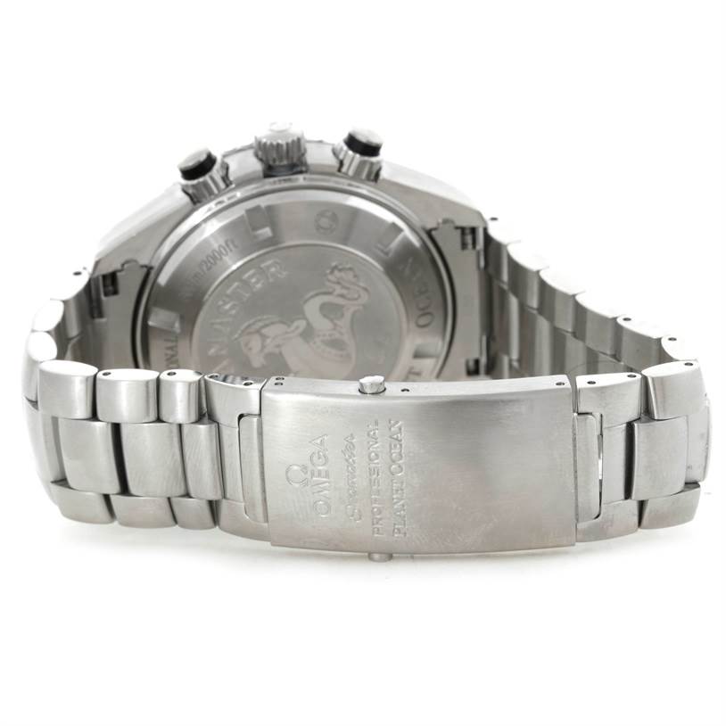 This image shows the back case and bracelet of the Omega Planet Ocean 2210.51.00 Men's Stainless Steel Black Dial 2210.51.00 Men's Stainless Steel Black Dial watch, highlighting its clasp and case back engravings.