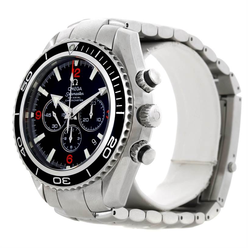 The image shows a side angle of the Omega Planet Ocean 2210.51.00 Men's Stainless Steel Black Dial 2210.51.00 Men's Stainless Steel Black Dial watch, highlighting its bezel, crown, pushers, and bracelet.