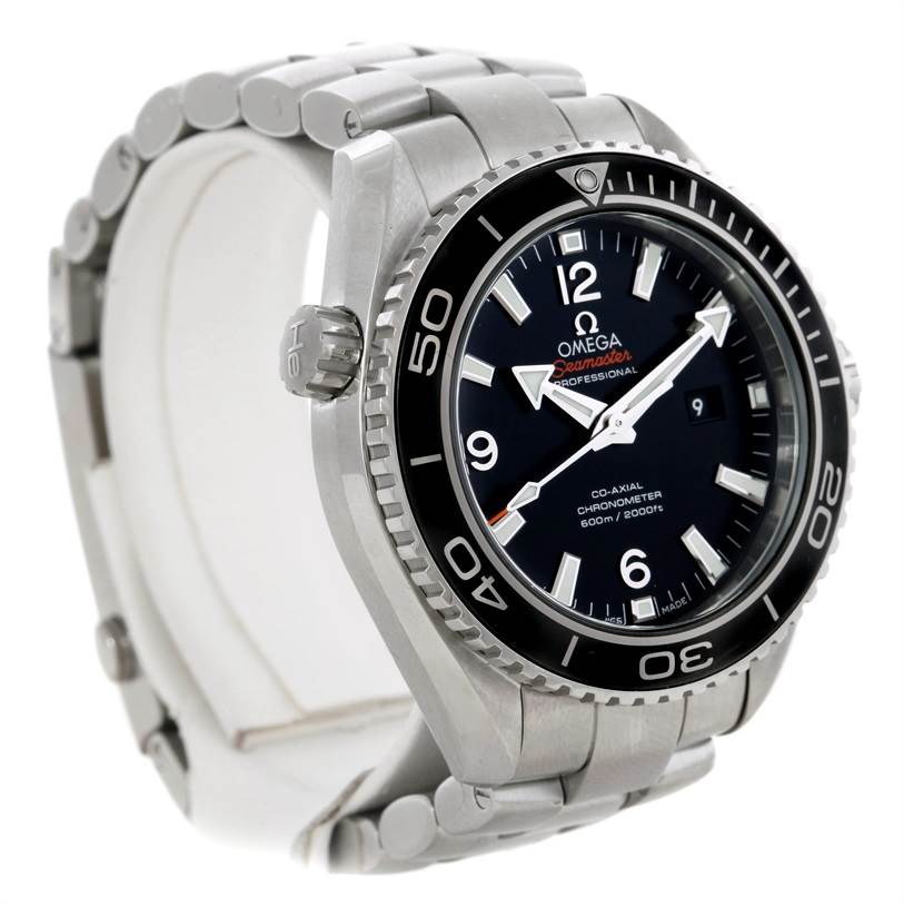 The image shows an Omega Planet Ocean 232.30.38.20.01.001 Men's Stainless Steel Black Dial 232.30.38.20.01.001 Men's Stainless Steel Black Dial watch at a three-quarter angle, highlighting the bezel, crown, and bracelet.