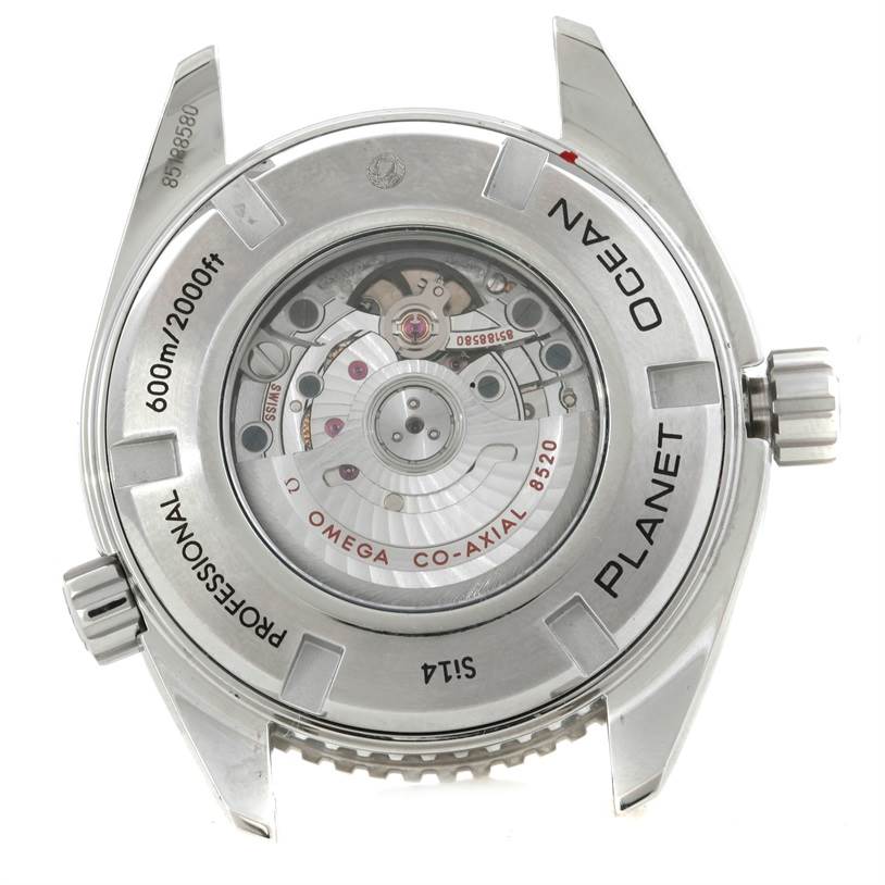 The image shows the back view of the Omega Planet Ocean 232.30.38.20.01.001 Men's Stainless Steel Black Dial 232.30.38.20.01.001 Men's Stainless Steel Black Dial watch, revealing its internal mechanism and engravings.