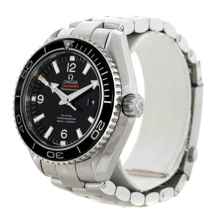 This image shows an Omega Planet Ocean 232.30.38.20.01.001 Men's Stainless Steel Black Dial 232.30.38.20.01.001 Men's Stainless Steel Black Dial watch angled from the front-left, highlighting the face, bezel, crown, and metal bracelet.