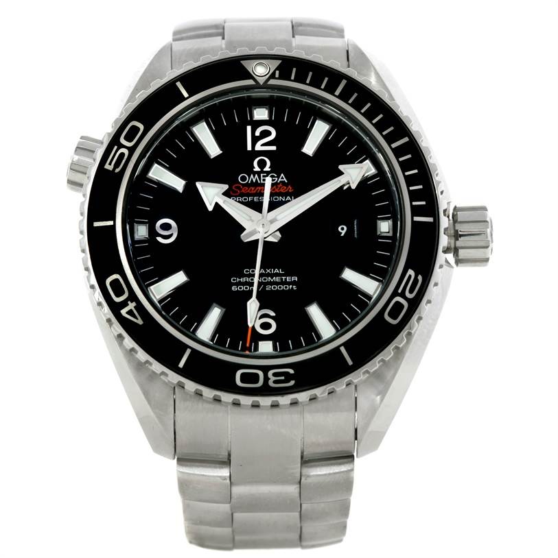 The image shows a front view of the Omega Planet Ocean 232.30.38.20.01.001 Men's Stainless Steel Black Dial 232.30.38.20.01.001 Men's Stainless Steel Black Dial watch, displaying its dial, bezel, and stainless steel bracelet.