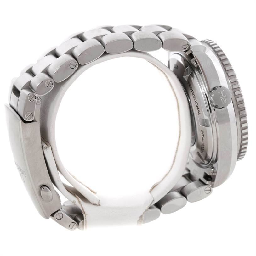 This side view of the Omega Planet Ocean 232.30.38.20.01.001 Men's Stainless Steel Black Dial 232.30.38.20.01.001 Men's Stainless Steel Black Dial watch shows the bracelet, crown, helium escape valve, and case back.