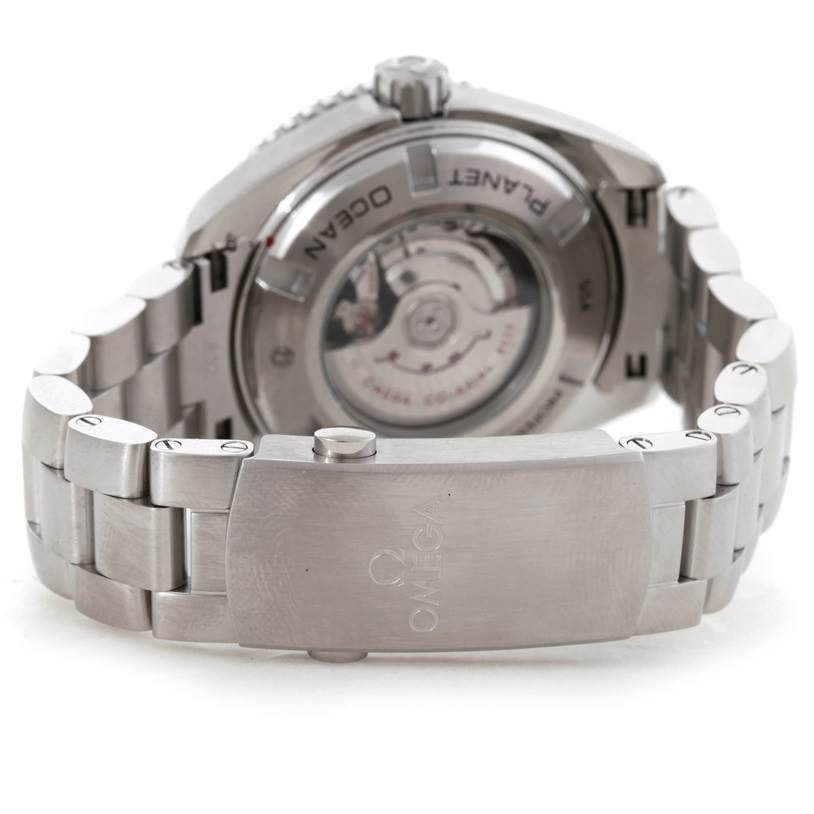 The image shows the back and band clasp of the Omega Planet Ocean 232.30.38.20.01.001 Men's Stainless Steel Black Dial 232.30.38.20.01.001 Men's Stainless Steel Black Dial watch.