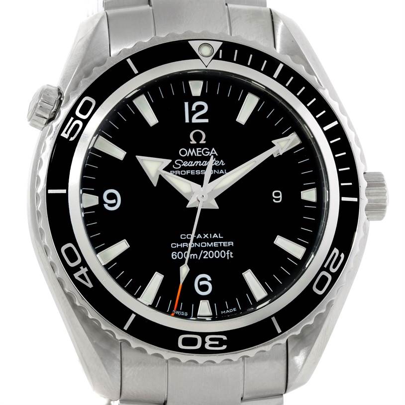 The image shows a front view of the Omega Planet Ocean 2200.50.00 Men's Stainless Steel Black Dial 2200.50.00 Men's Stainless Steel Black Dial watch with its bezel, dial, and part of the bracelet visible.
