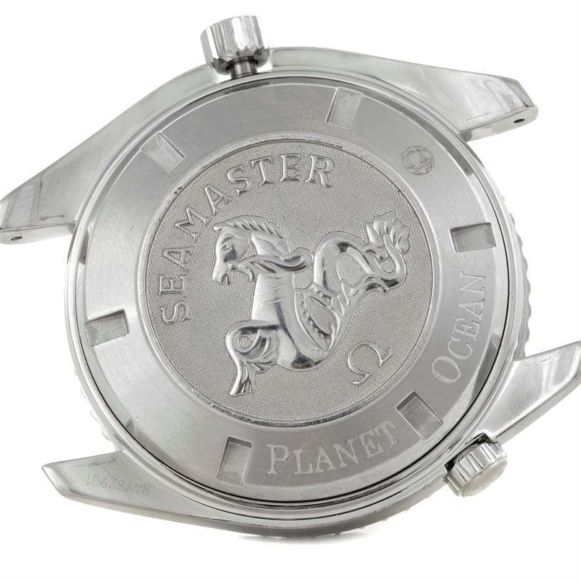 The image shows the back case of the Omega Planet Ocean 2200.50.00 Men's Stainless Steel Black Dial 2200.50.00 Men's Stainless Steel Black Dial watch, featuring the Seamaster engraving.