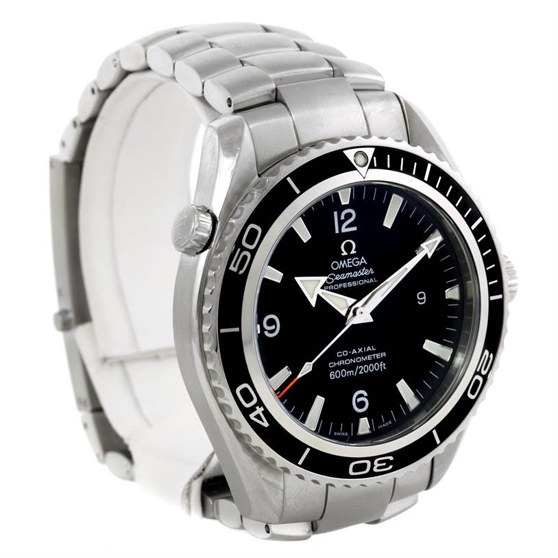 The image shows an Omega Planet Ocean 2200.50.00 Men's Stainless Steel Black Dial 2200.50.00 Men's Stainless Steel Black Dial watch from a three-quarter angle, highlighting the bezel, face, and bracelet.