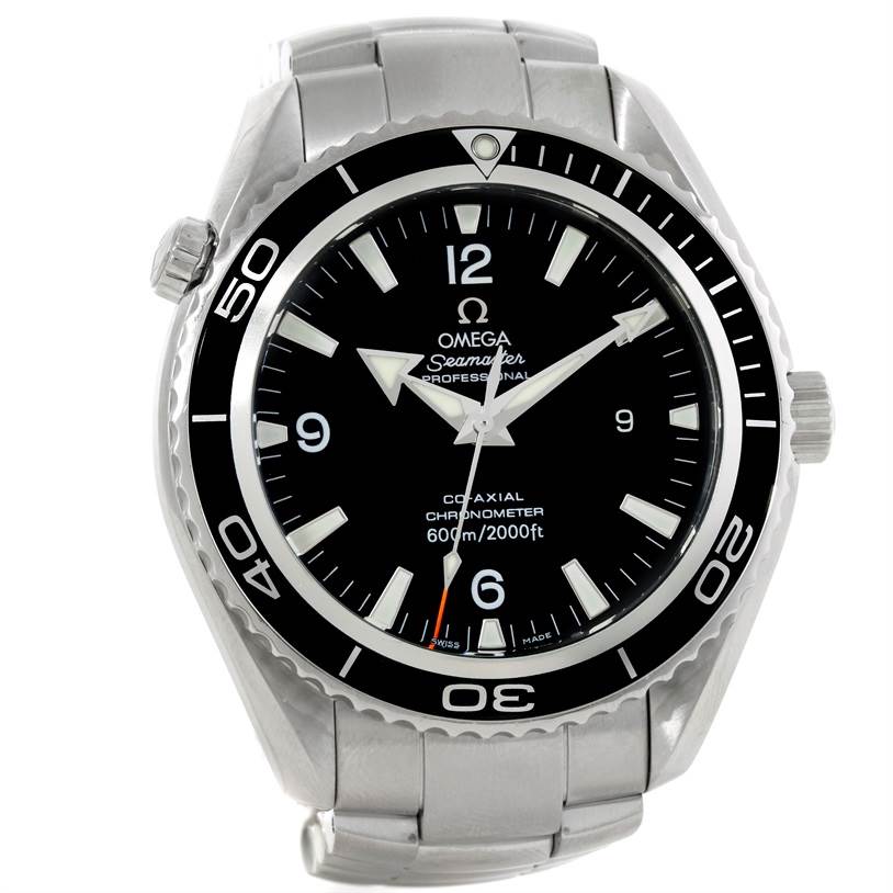 The image shows a front view of the Omega Planet Ocean 2200.50.00 Men's Stainless Steel Black Dial 2200.50.00 Men's Stainless Steel Black Dial model, highlighting the dial, bezel, and stainless steel bracelet.