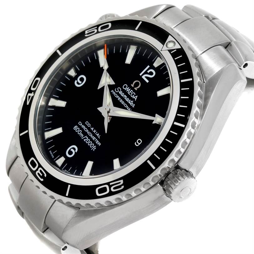The image shows a close-up angle of the Omega Planet Ocean 2200.50.00 Men's Stainless Steel Black Dial 2200.50.00 Men's Stainless Steel Black Dial watch, highlighting its bezel, dial, and crown.