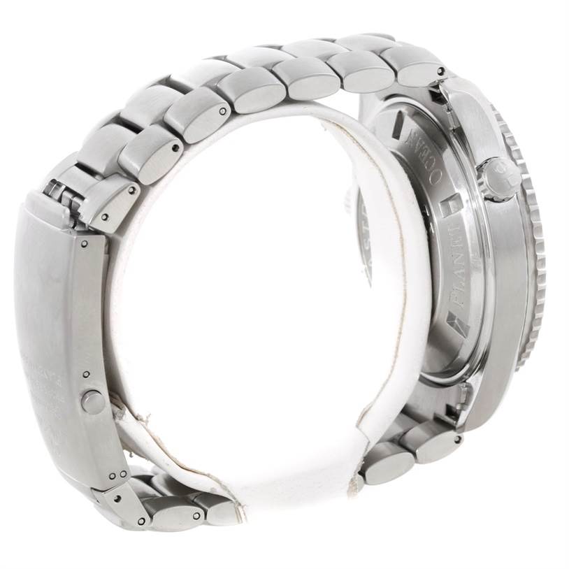 The Omega Planet Ocean 2200.50.00 Men's Stainless Steel Black Dial 2200.50.00 Men's Stainless Steel Black Dial watch is shown from the back, displaying the stainless steel bracelet, clasp, and caseback.