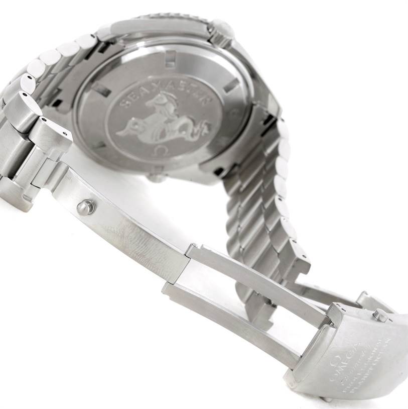 The image shows the clasp and case back of an Omega Planet Ocean 2200.50.00 Men's Stainless Steel Black Dial 2200.50.00 Men's Stainless Steel Black Dial watch from an angled, partially open view.