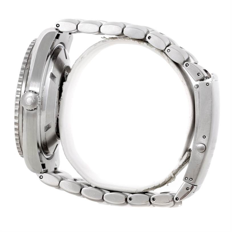 This side-view angle of the Omega Planet Ocean 2200.50.00 Men's Stainless Steel Black Dial 2200.50.00 Men's Stainless Steel Black Dial watch shows the crown, bezel, and metal bracelet.