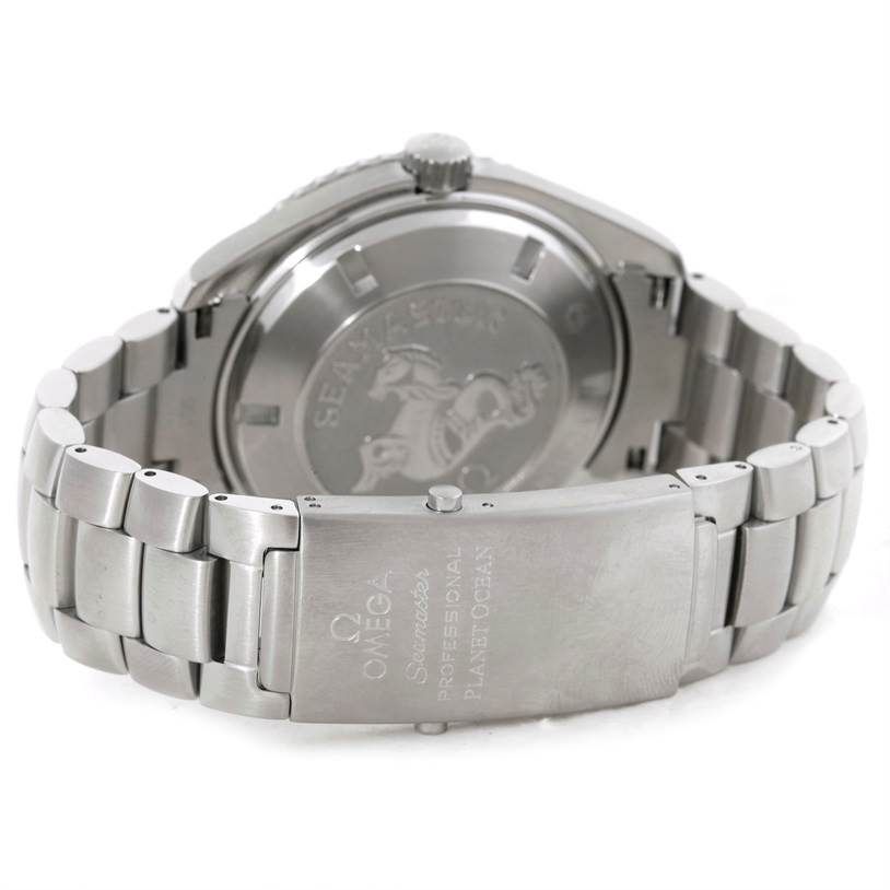 The image shows the back case and clasp of an Omega Planet Ocean 2200.50.00 Men's Stainless Steel Black Dial 2200.50.00 Men's Stainless Steel Black Dial watch at an angle highlighting the bracelet.