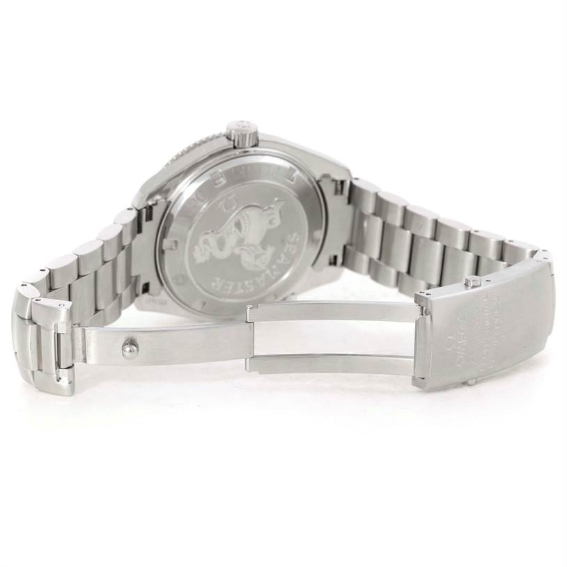 The image shows the back case and the open metal bracelet clasp of an Omega Planet Ocean 2201.51.00 Men's Stainless Steel Black Dial 2201.51.00 Men's Stainless Steel Black Dial watch.